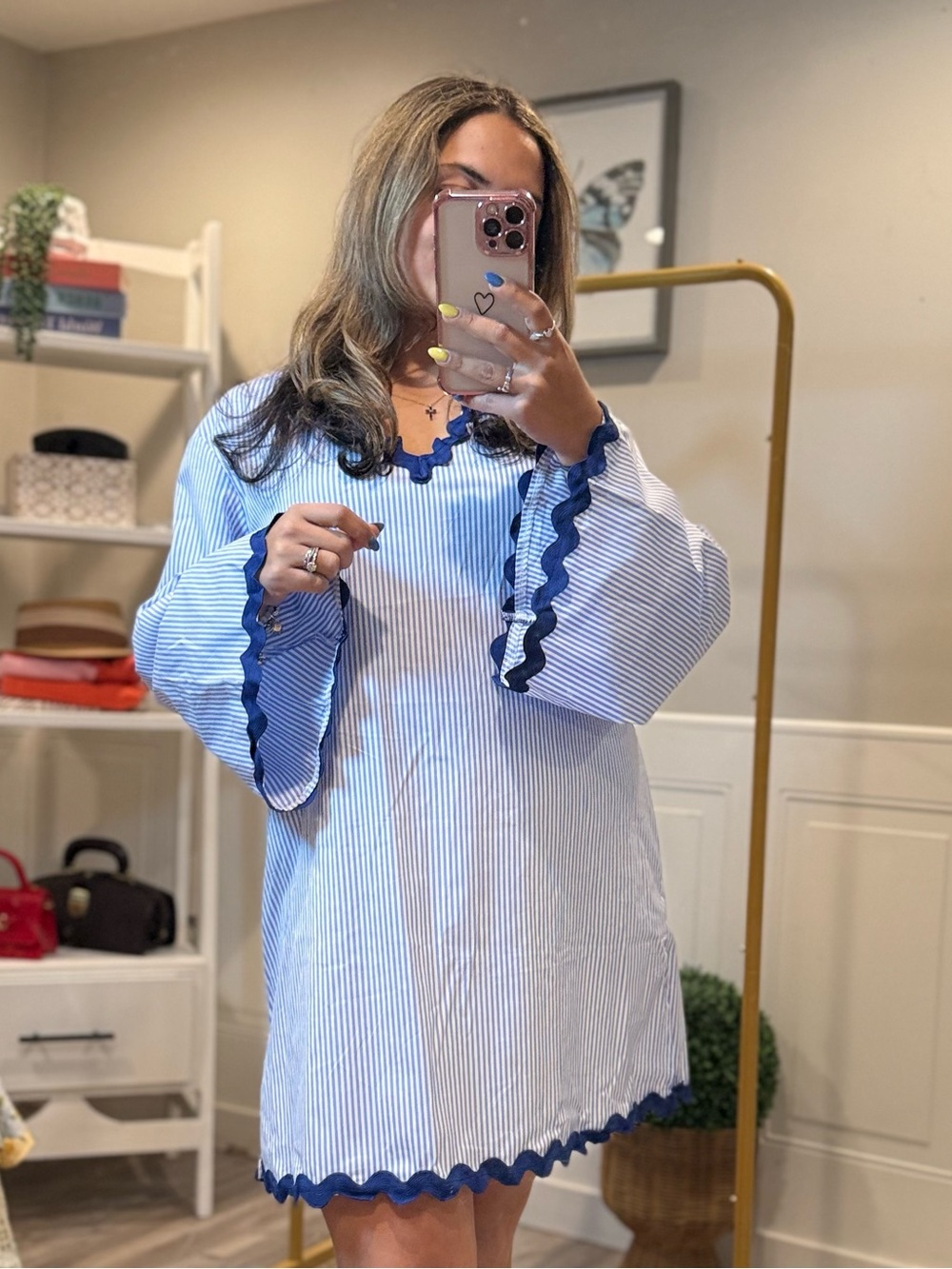 Blue White Striped Ric Rac Beach Cover Up Resort Kaftan Dress NWT sizes S,M